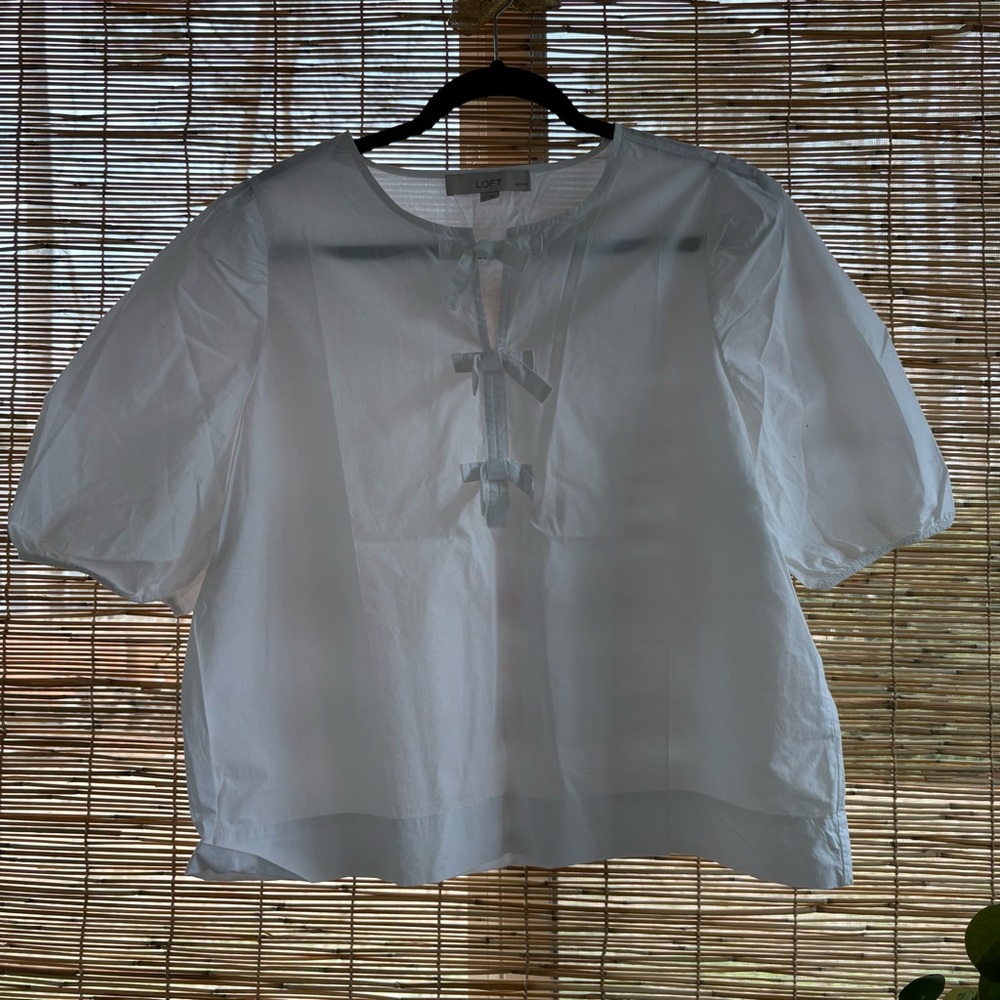 LOFT Crisp White Blouse with Bow Accents